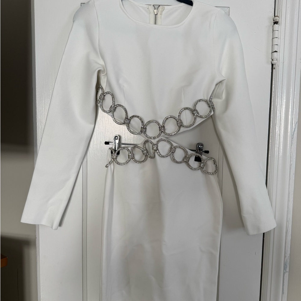 Elegant White Dress with Silver Chain Detail